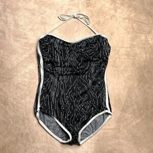 Vintage 80s Basic Black Geometric Print One Piece Halter Swimsuit Union Made